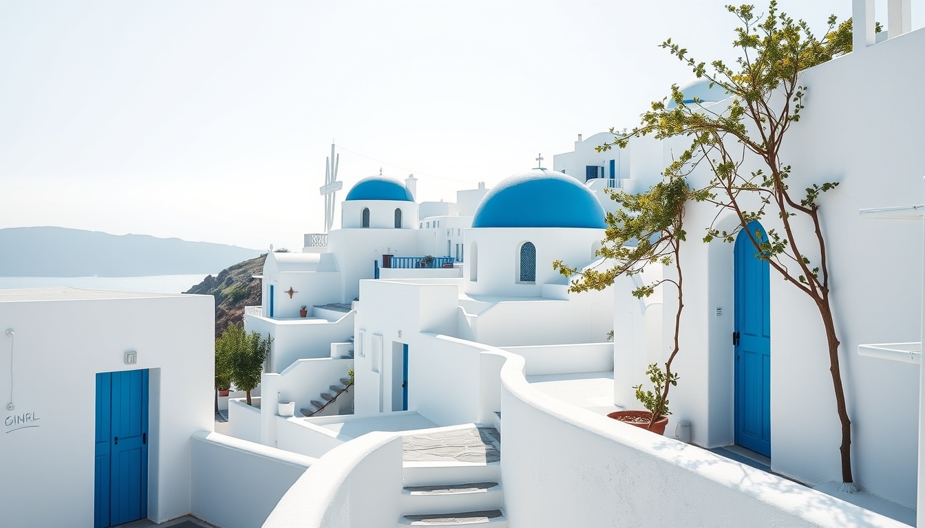 santorini white blue houses in editorial style