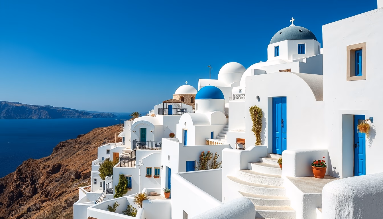 santorini white blue houses in editorial style