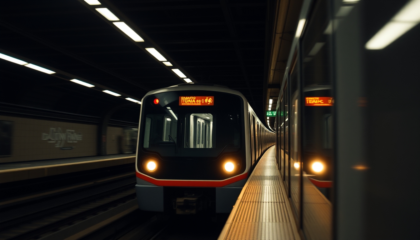 São Paulo metro train arriving at illuminated station platform in editorial style