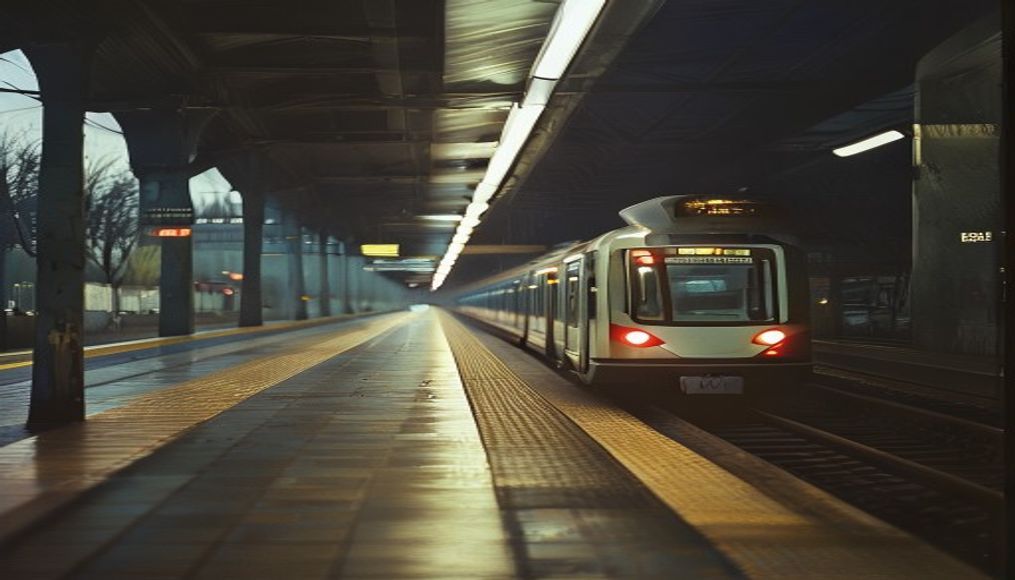 São Paulo metro train arriving at illuminated station platform in editorial style