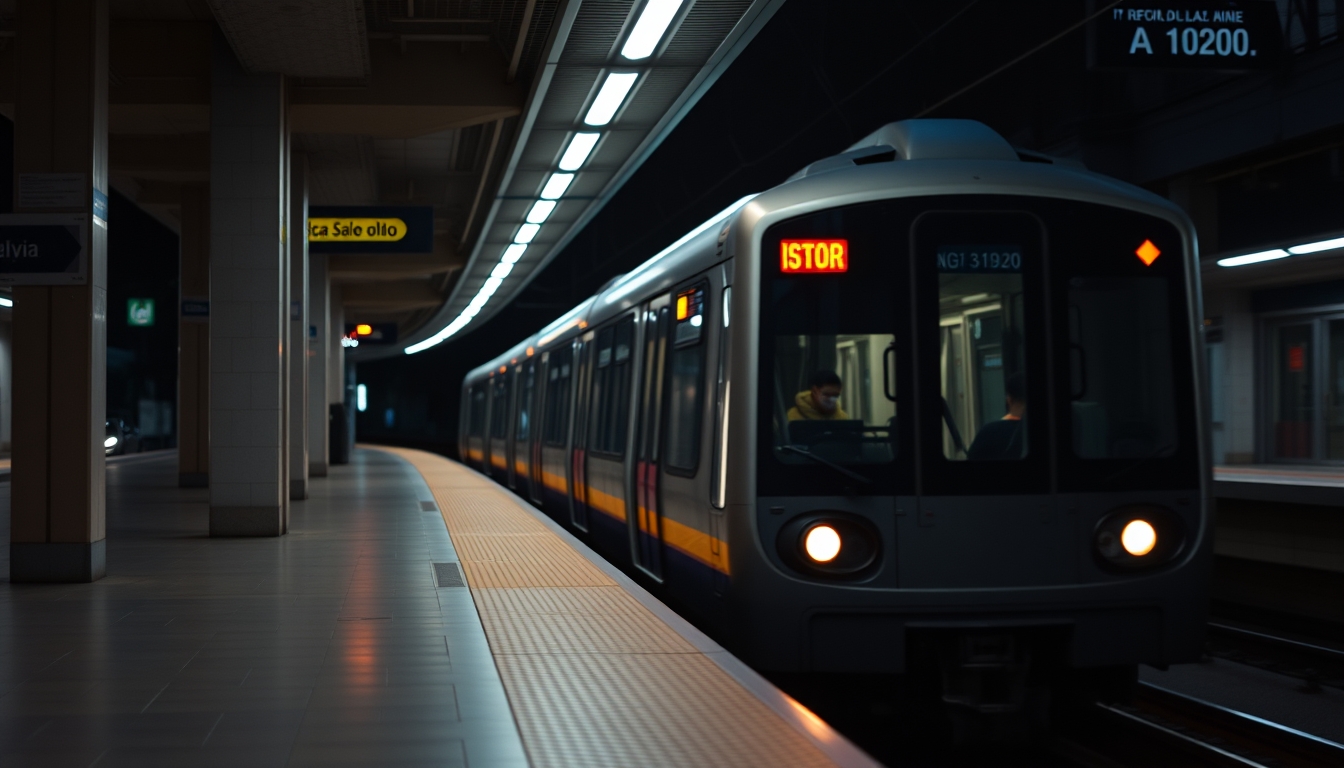 São Paulo metro train arriving at illuminated station platform in editorial style