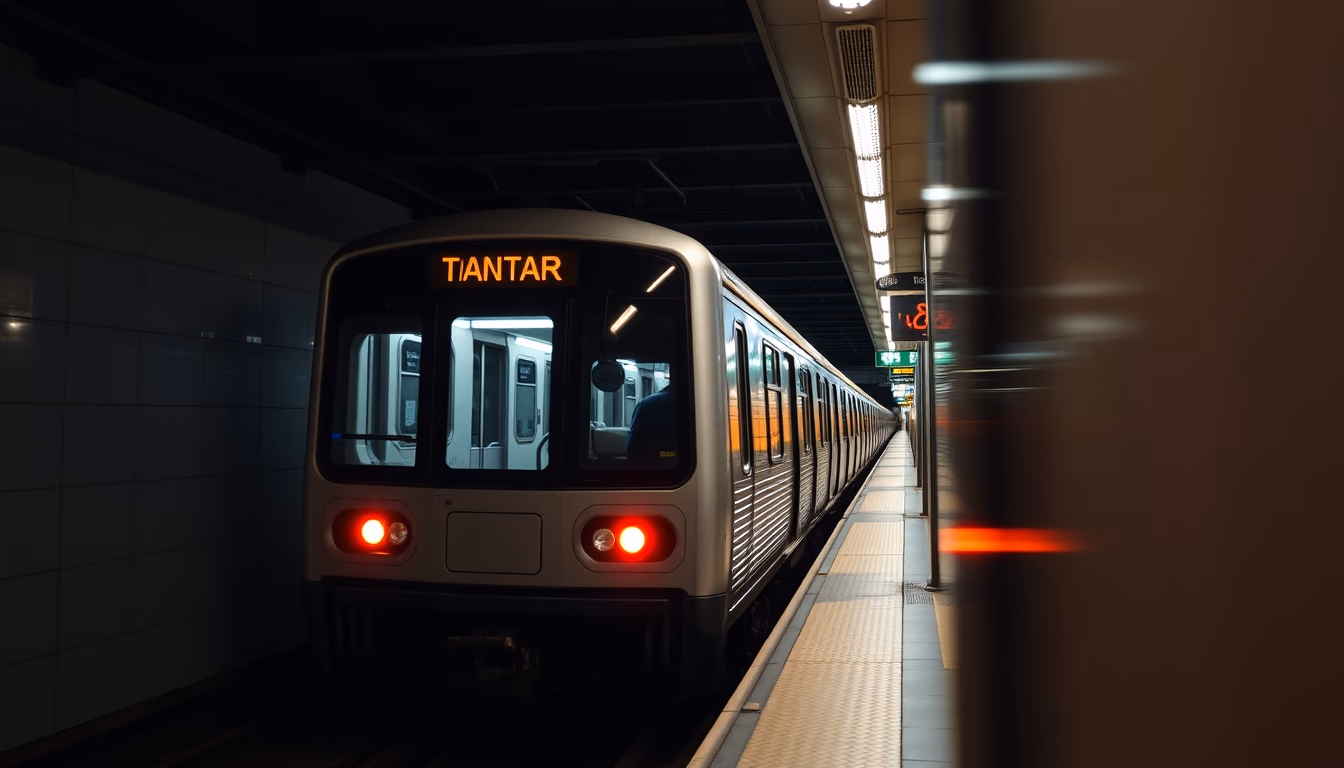 São Paulo metro train arriving at illuminated station platform in editorial style