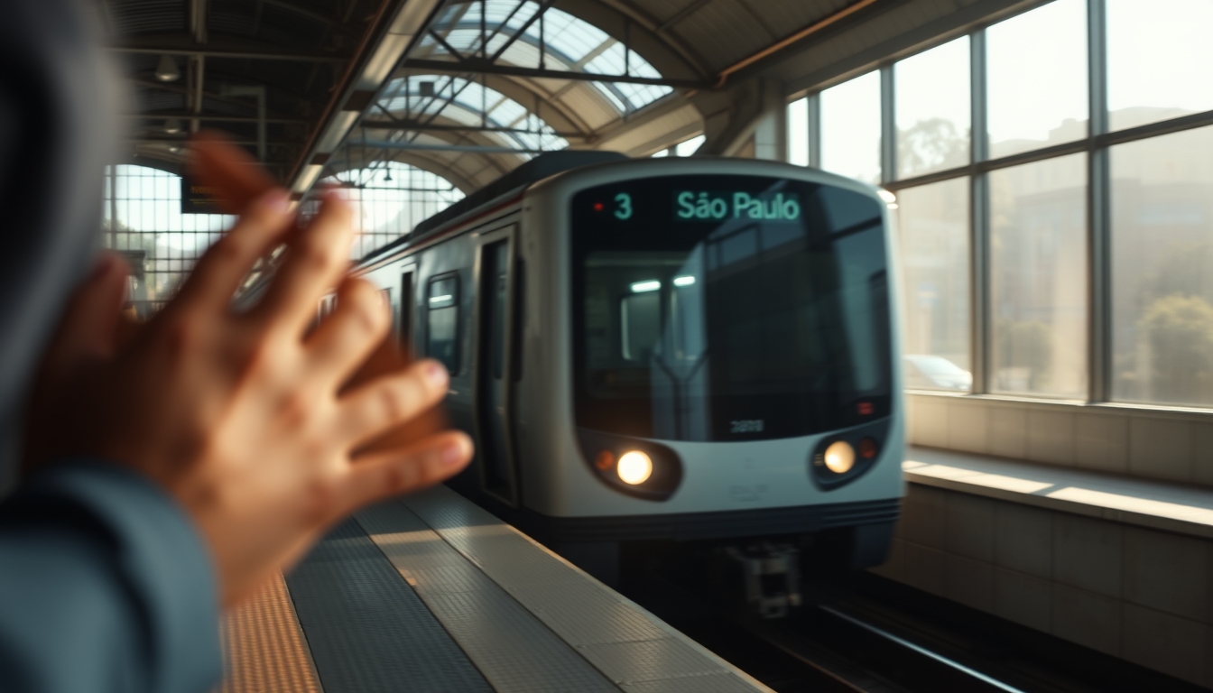 São Paulo metro train arriving at illuminated station platform in editorial style