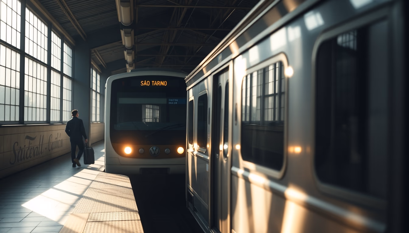 São Paulo metro train arriving at illuminated station platform in editorial style