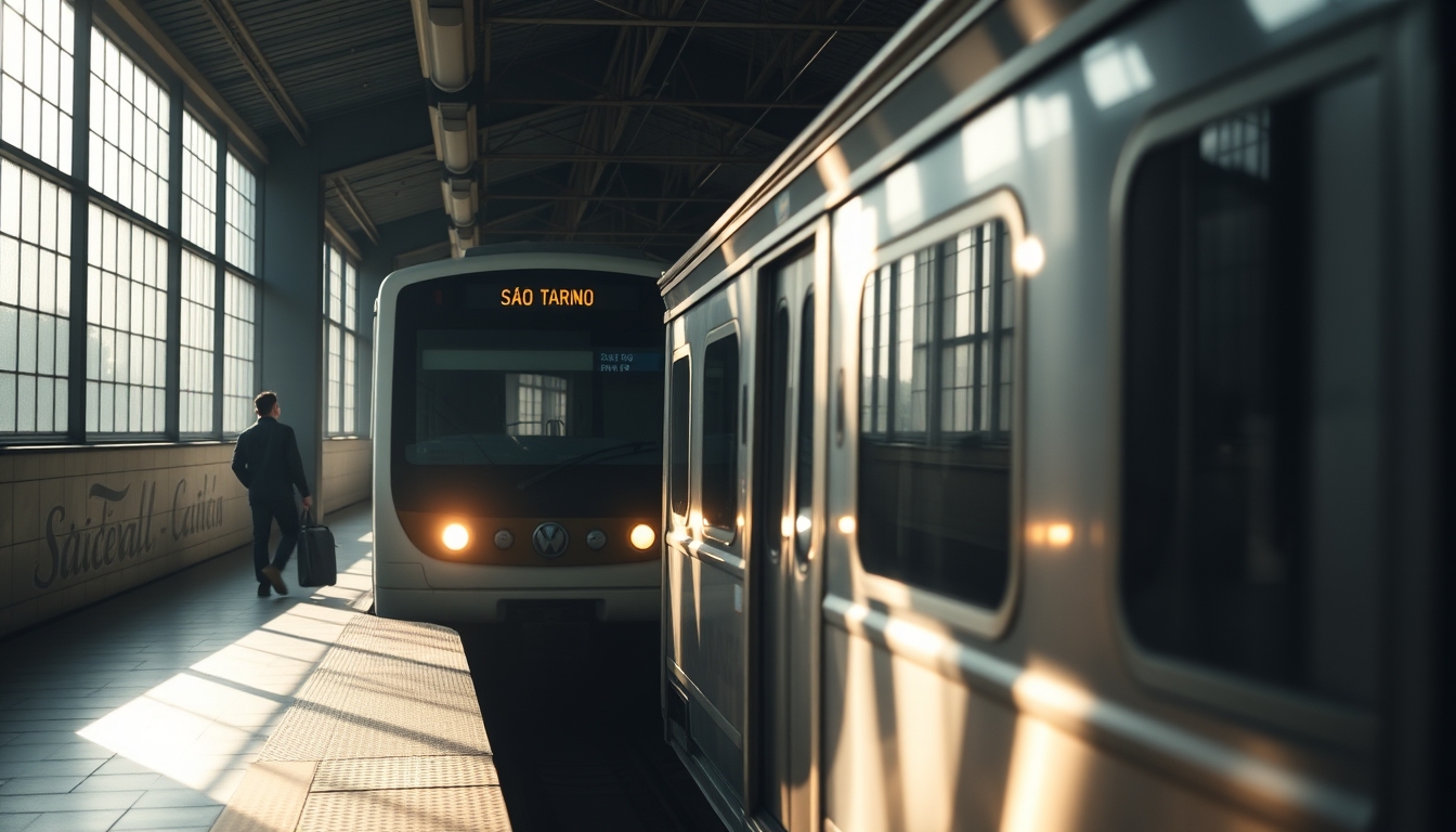 São Paulo metro train arriving at illuminated station platform in editorial style
