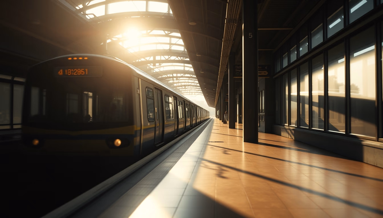 São Paulo metro train arriving at illuminated station platform in editorial style