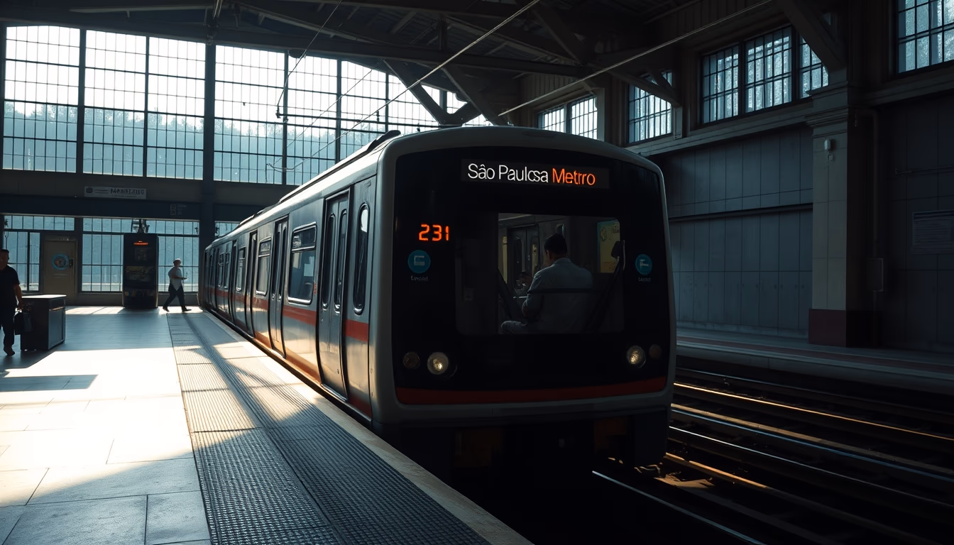 São Paulo metro train arriving at illuminated station platform in editorial style