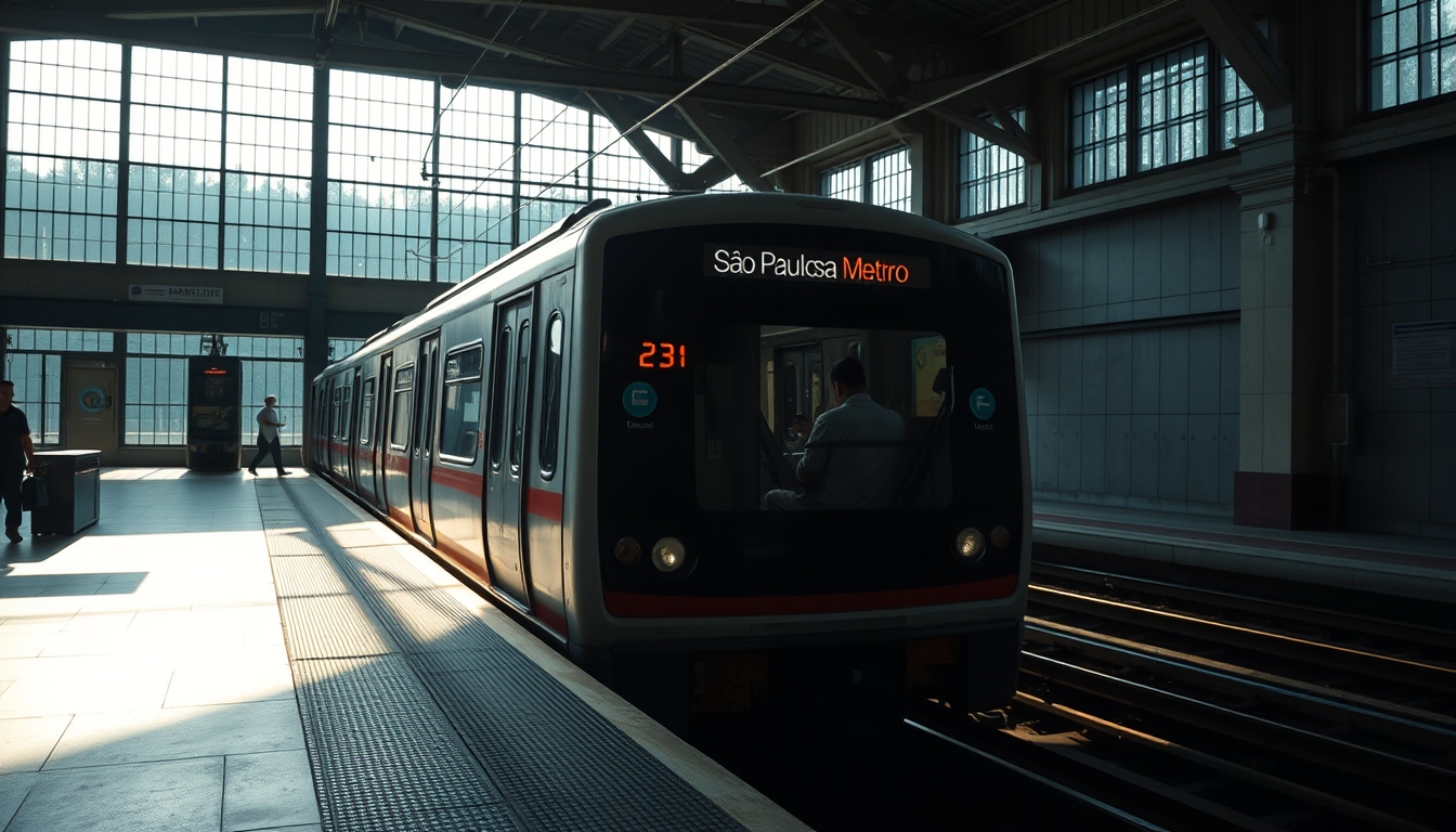 São Paulo metro train arriving at illuminated station platform em estilo editorial