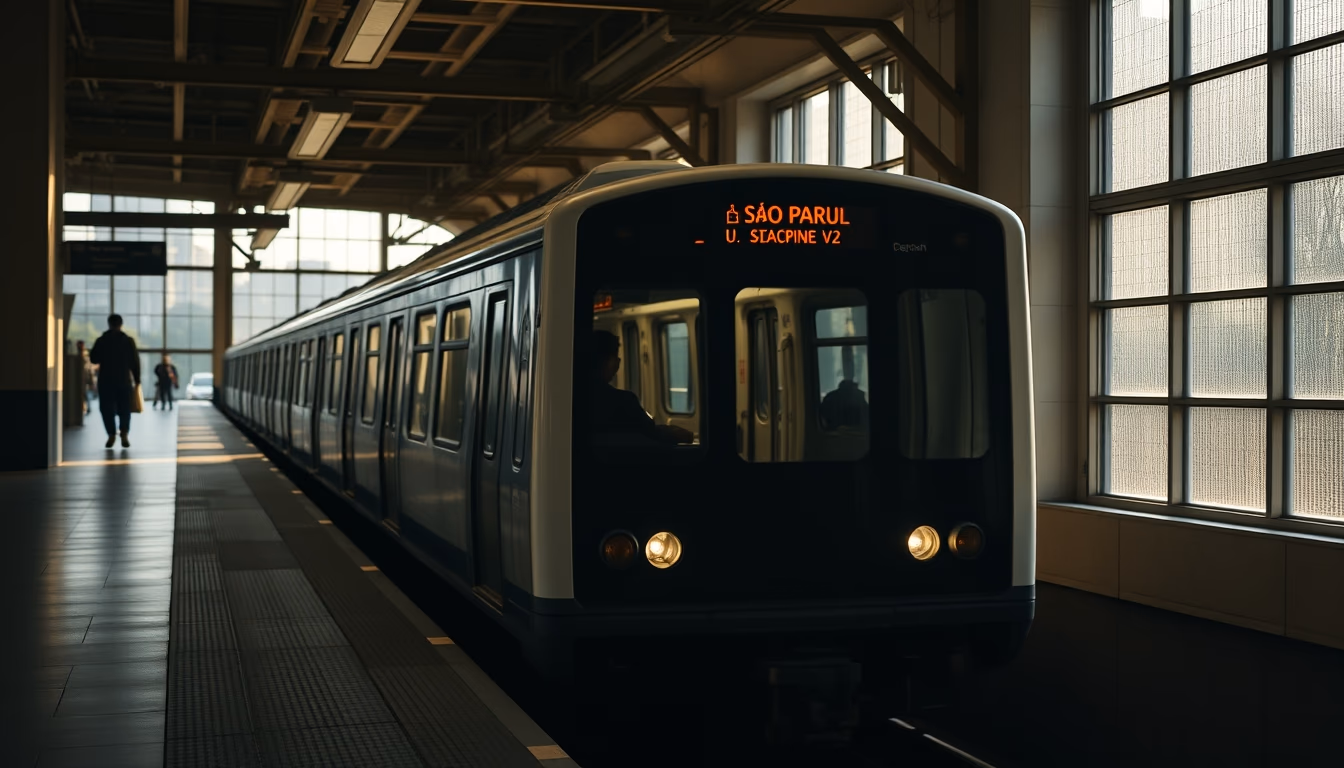 São Paulo metro train arriving at illuminated station platform in editorial style