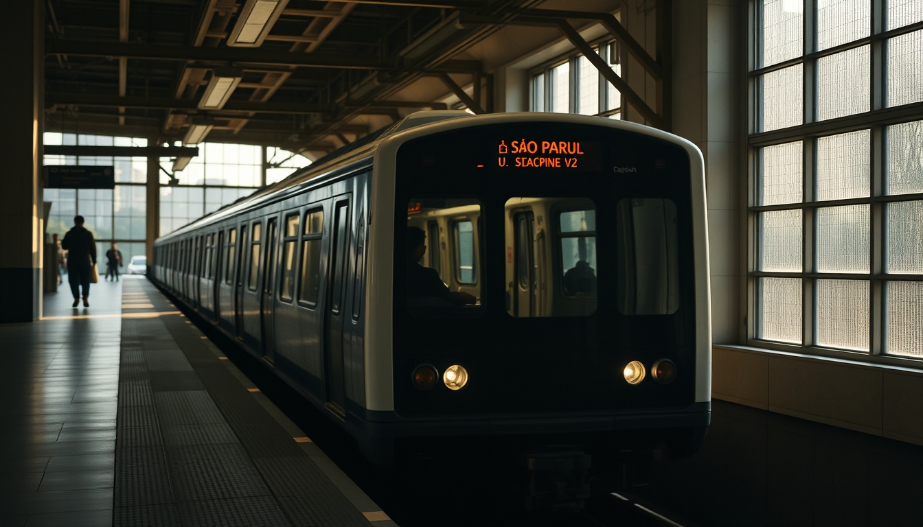 São Paulo metro train arriving at illuminated station platform in editorial style
