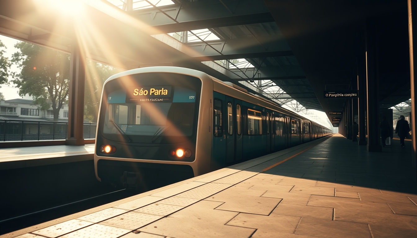 São Paulo metro train arriving at illuminated station platform in editorial style