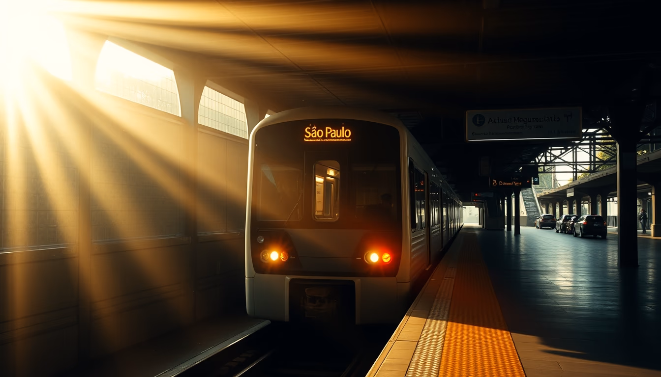 São Paulo metro train arriving at illuminated station platform in editorial style