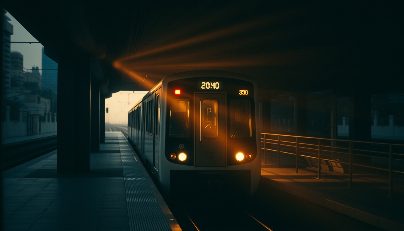 São Paulo metro train arriving at illuminated station platform in editorial style