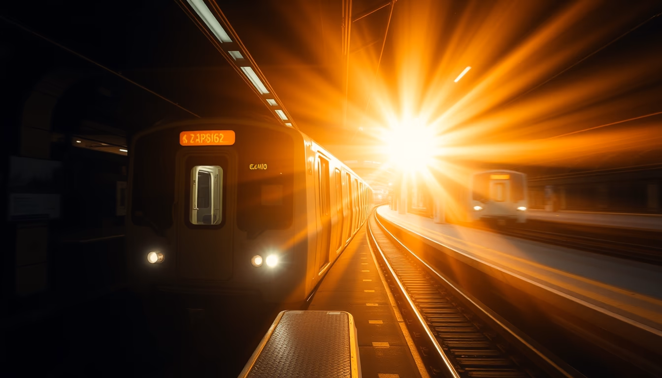São Paulo metro train arriving at illuminated station platform in editorial style