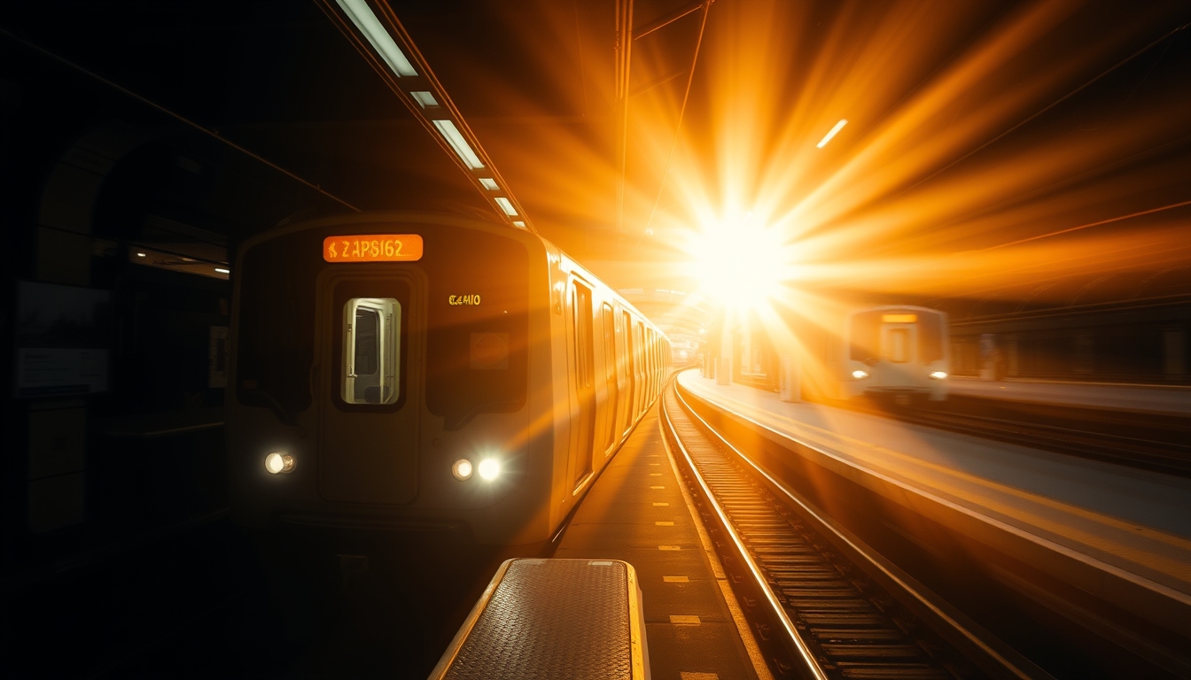 São Paulo metro train arriving at illuminated station platform in editorial style