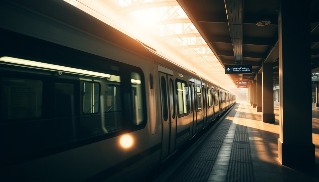 São Paulo metro train arriving at illuminated station platform em estilo editorial