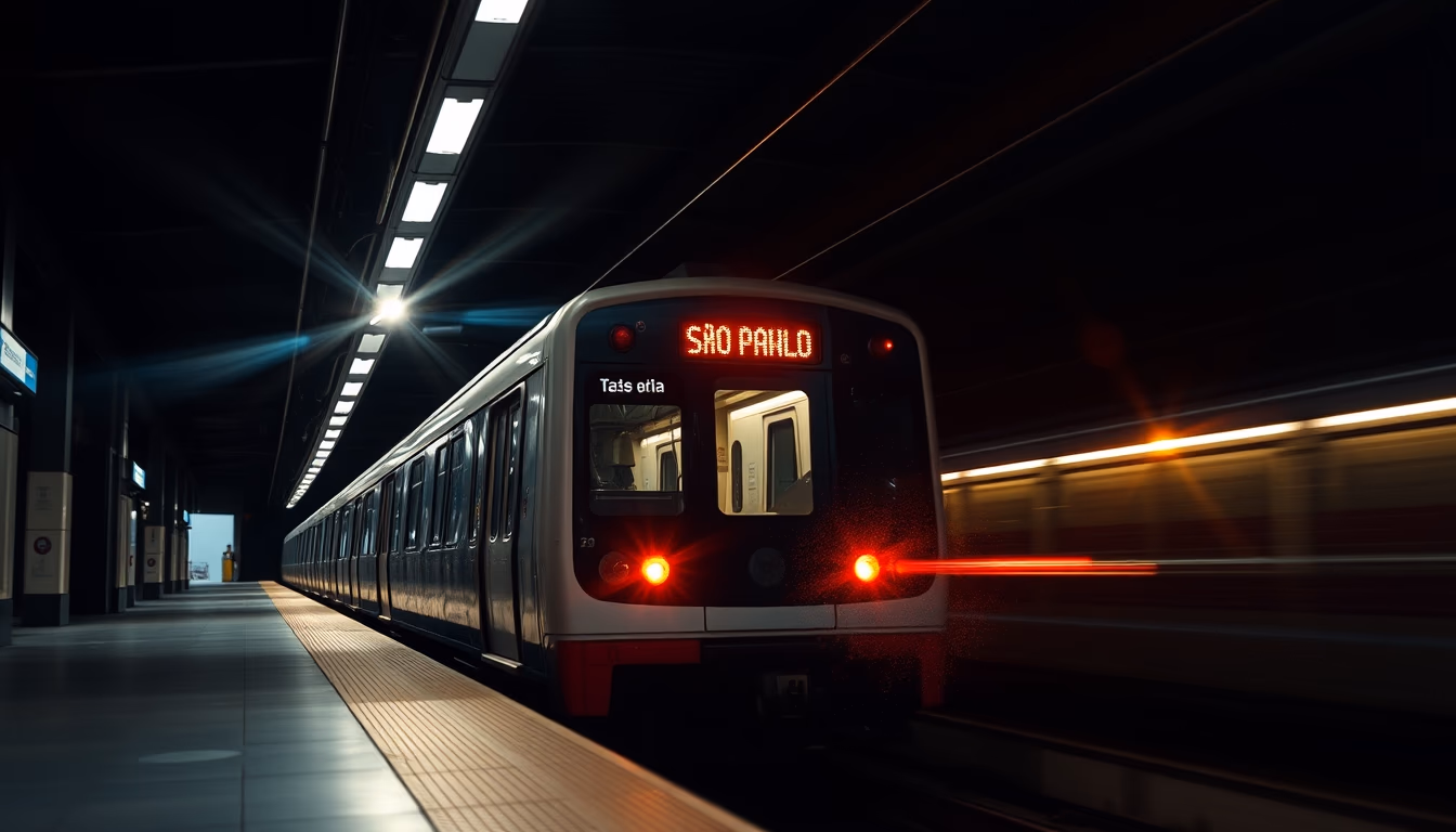 São Paulo metro train arriving at illuminated station platform in editorial style
