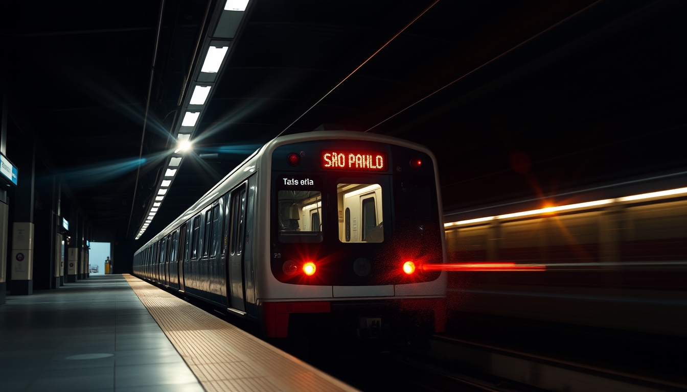 São Paulo metro train arriving at illuminated station platform in editorial style