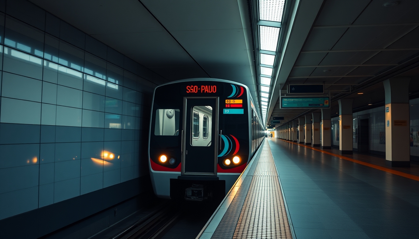 São Paulo metro train arriving at illuminated station platform in editorial style