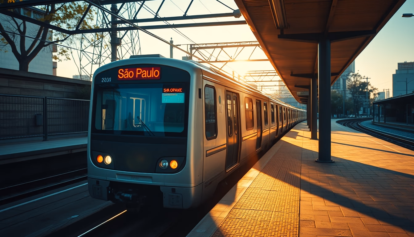 São Paulo metro train arriving at illuminated station platform em estilo editorial
