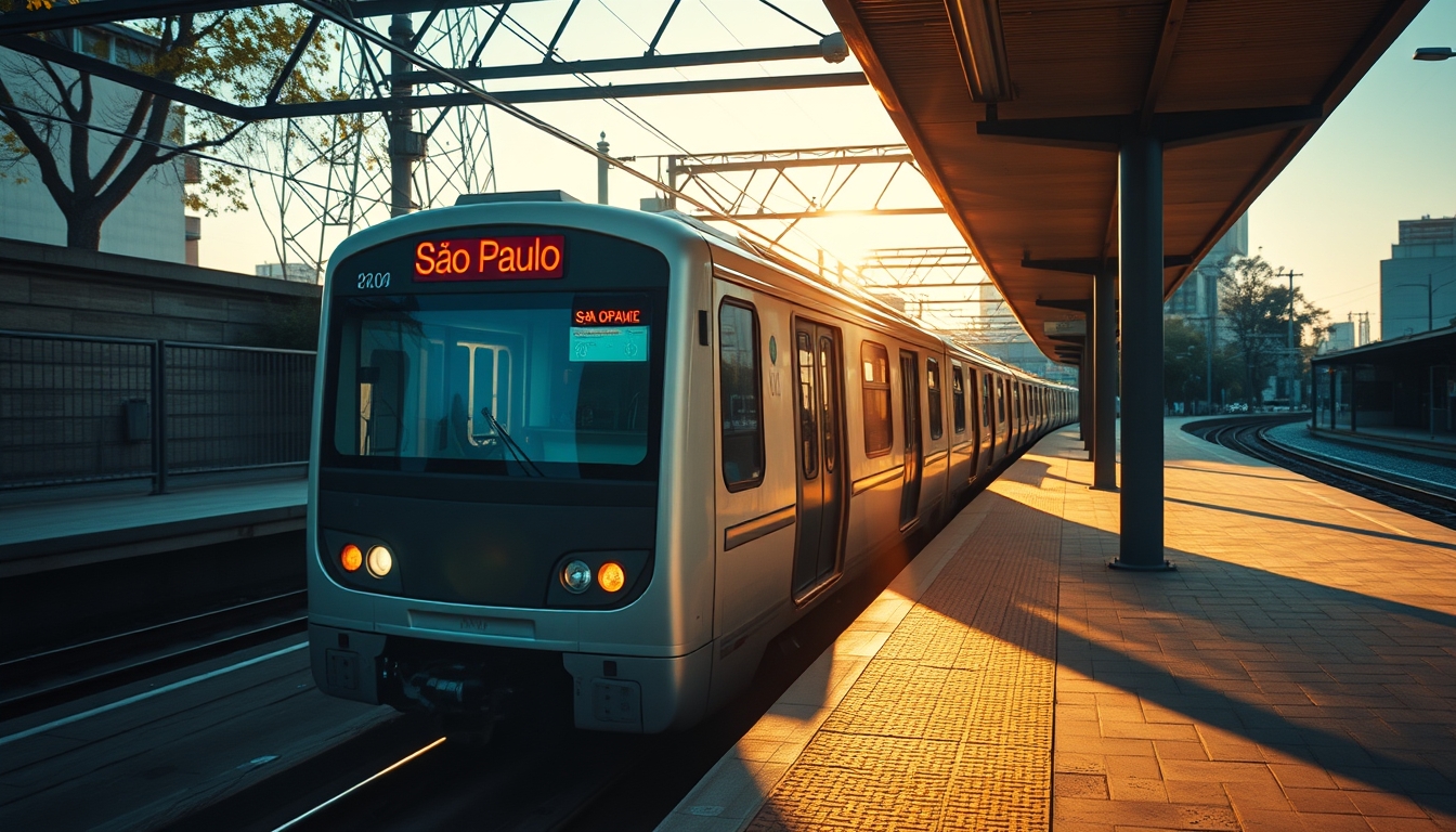 São Paulo metro train arriving at illuminated station platform in editorial style