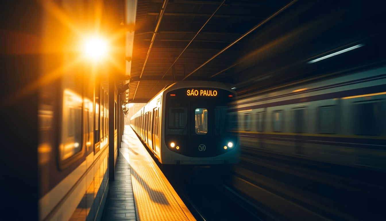 São Paulo metro train arriving at illuminated station platform em estilo editorial