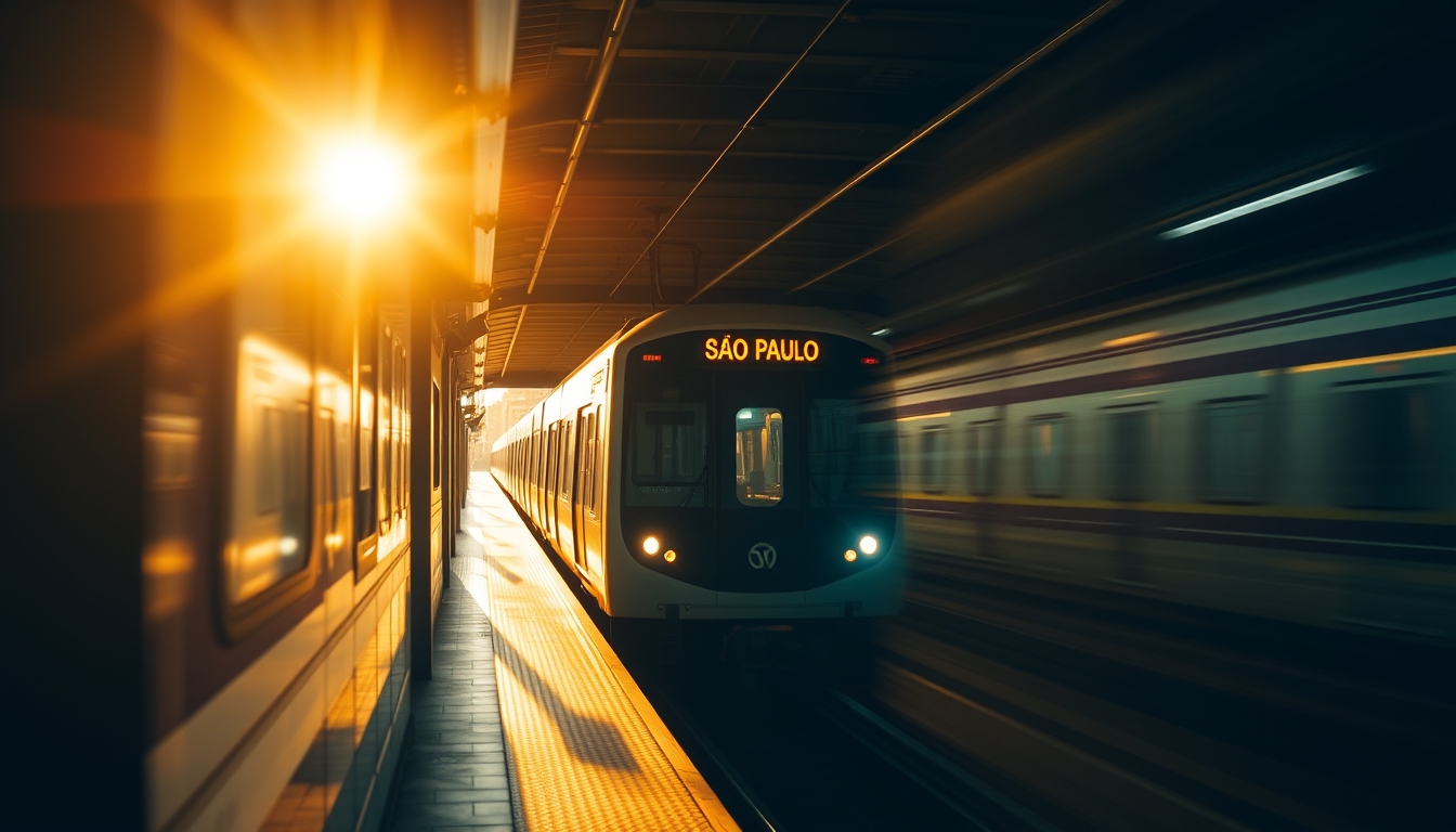 São Paulo metro train arriving at illuminated station platform in editorial style
