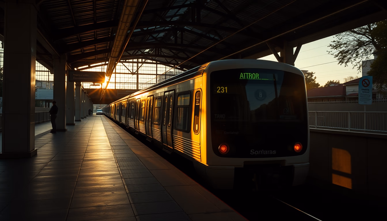 São Paulo metro train arriving at illuminated station platform em estilo editorial
