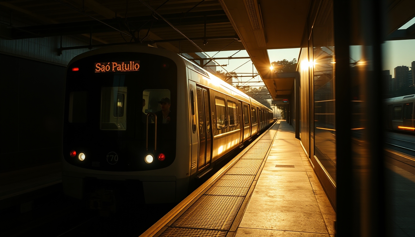 São Paulo metro train arriving at illuminated station platform em estilo editorial