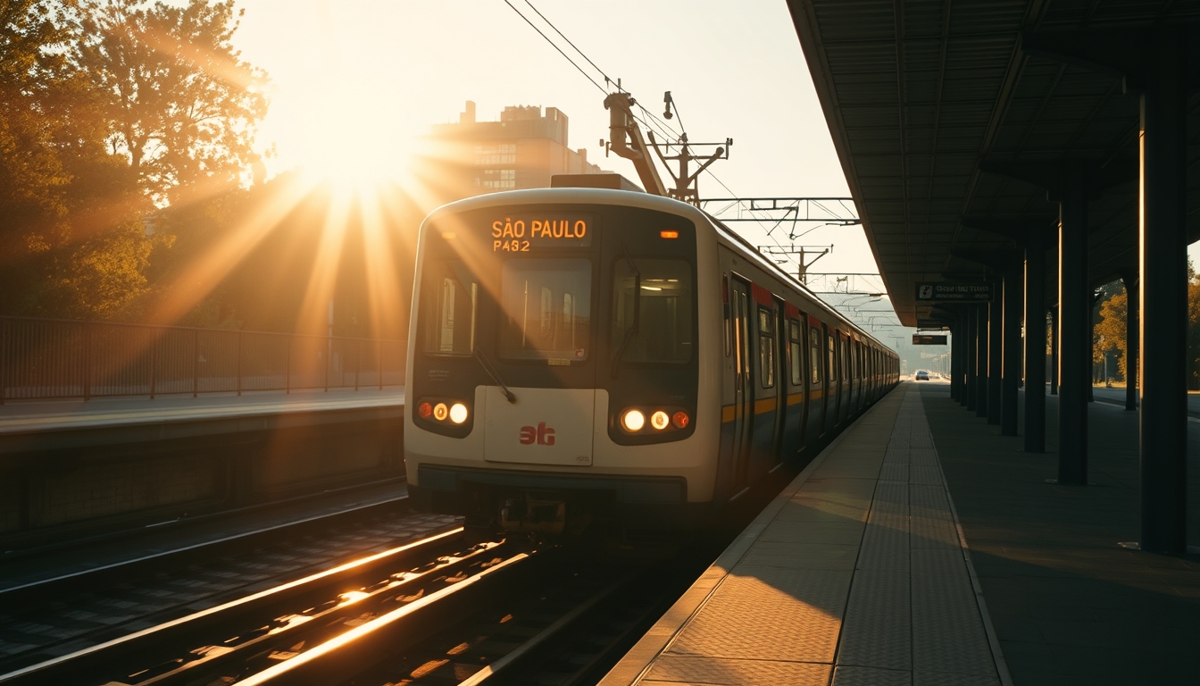 São Paulo metro train arriving at illuminated station platform in editorial style