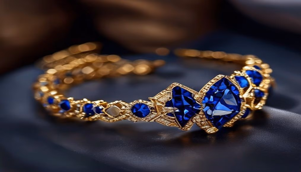 Sapphire baguette bracelet art deco em fotografia editorial de luxo