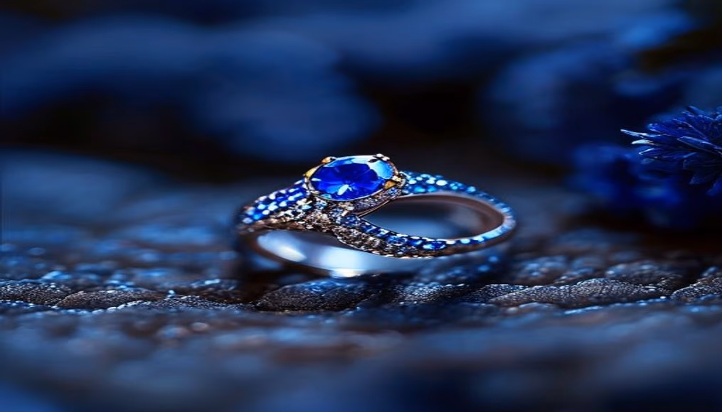Sapphire halo ring blue royal em fotografia editorial de luxo
