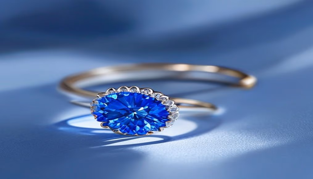 sapphire halo ring blue royal in luxury editorial photography