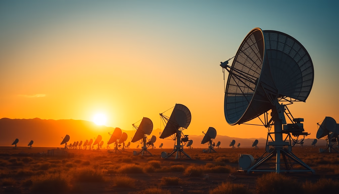 Satellite dish farm at sunset em estilo editorial