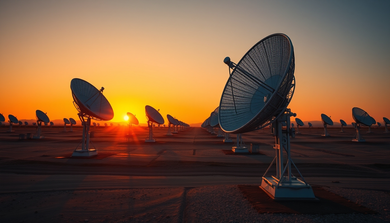 Satellite dish farm at sunset em estilo editorial