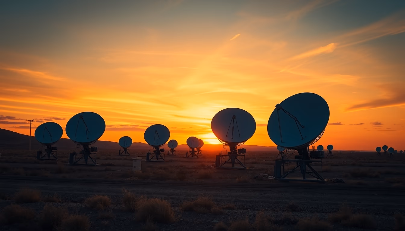 Satellite dish farm at sunset em estilo editorial