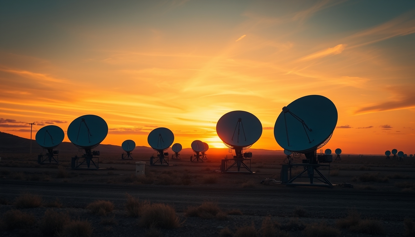 satellite dish farm at sunset in editorial style