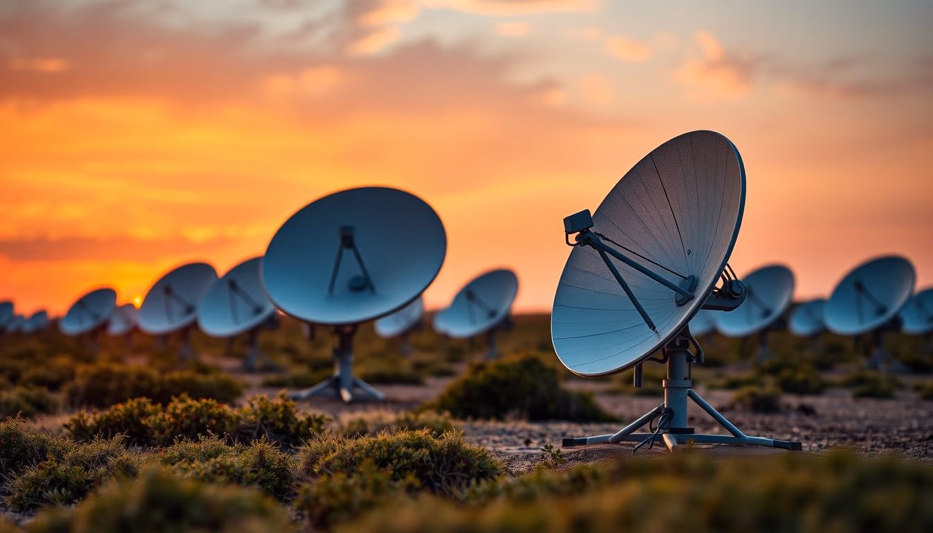 Satellite dish farm at sunset em estilo editorial