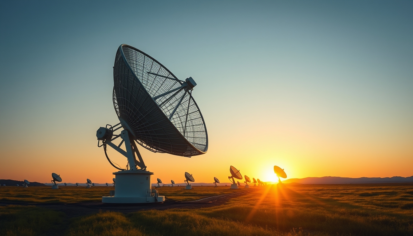 satellite dish farm at sunset in editorial style