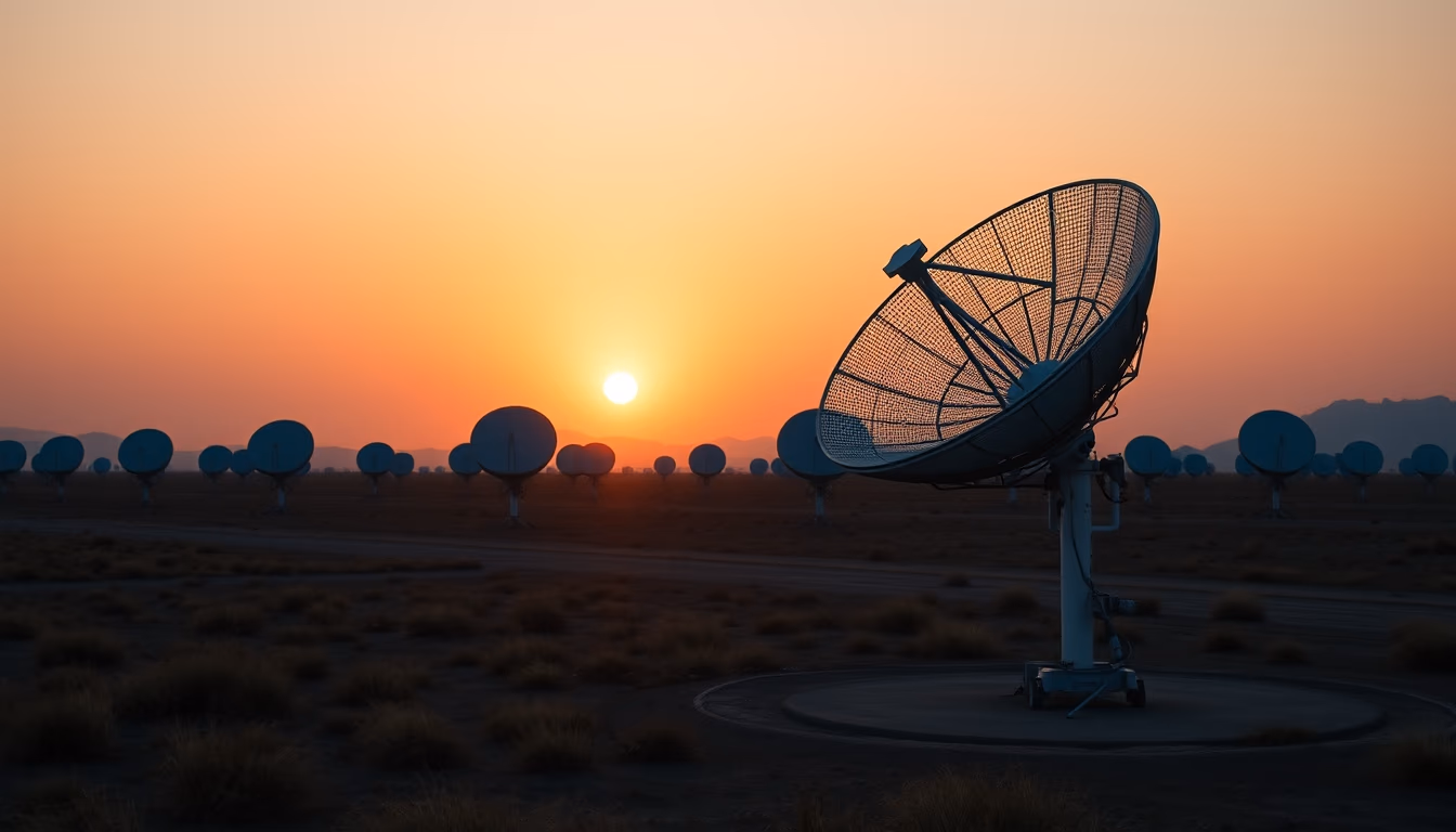 Satellite dish farm at sunset em estilo editorial