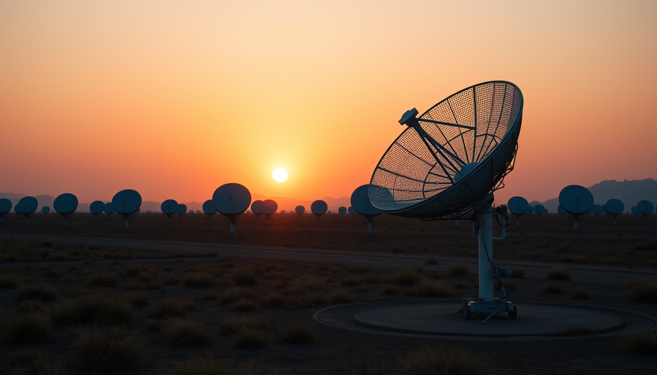 satellite dish farm at sunset in editorial style
