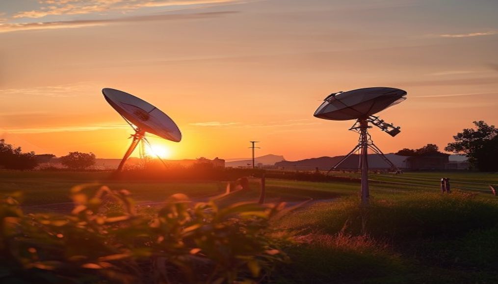 satellite dish farm at sunset in editorial style