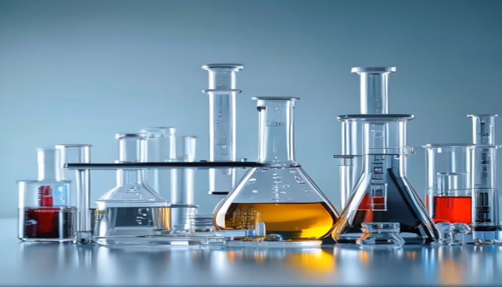 science lab equipment glassware in editorial style