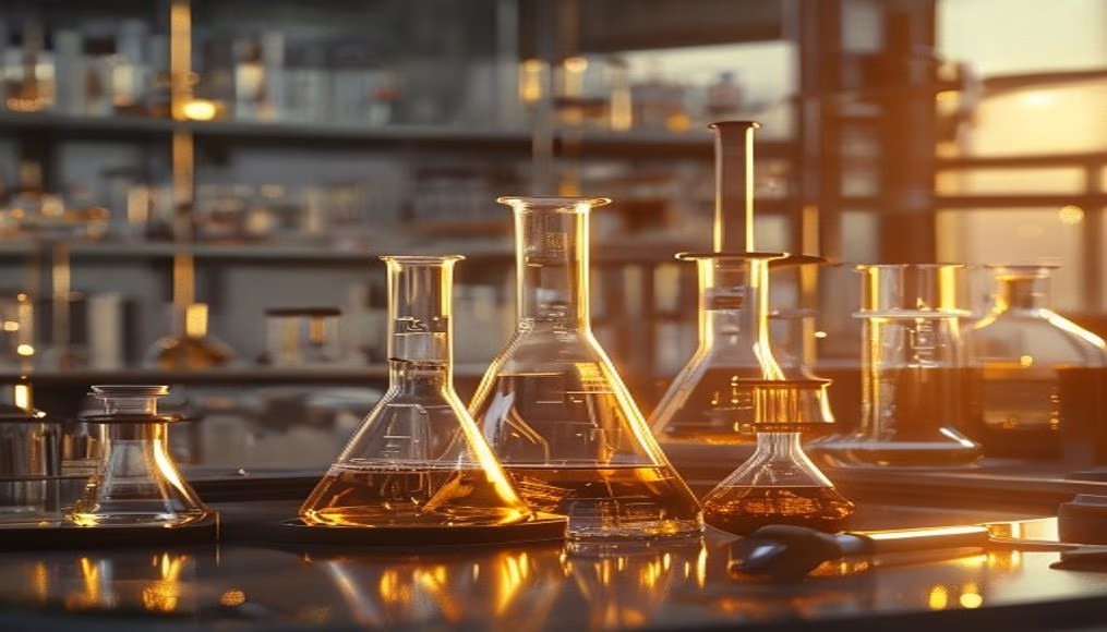 science lab equipment glassware in editorial style