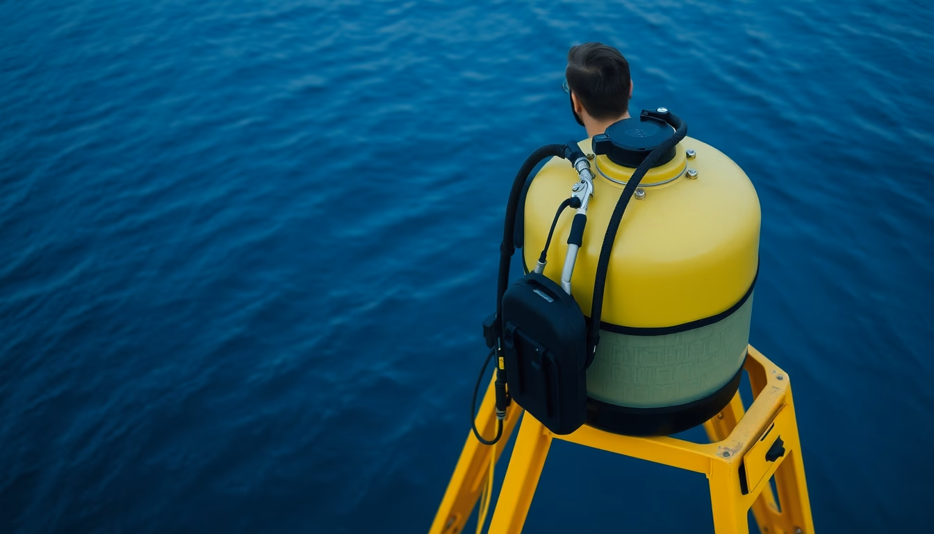 scuba tank yellow stand in editorial style