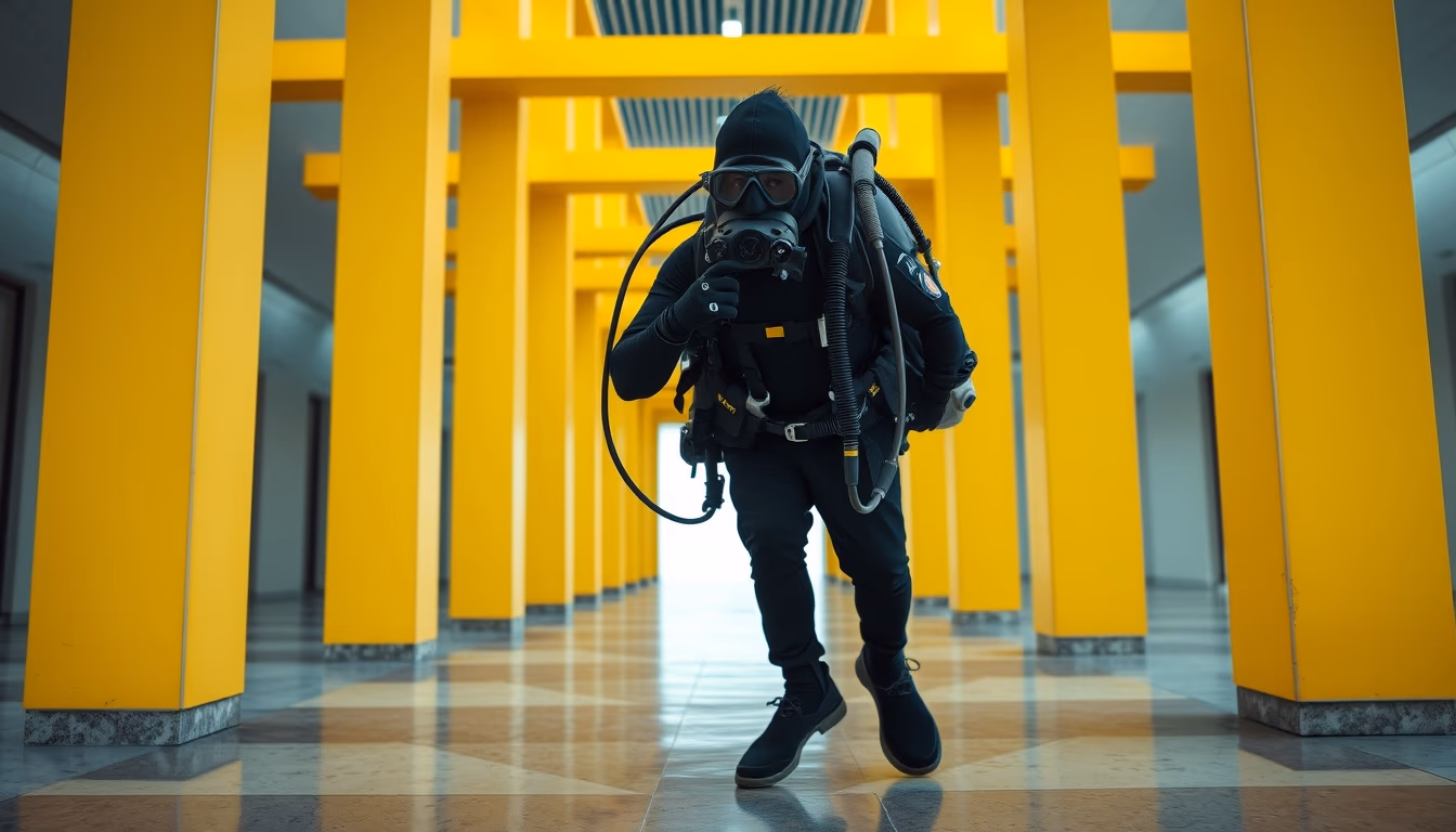 scuba tank yellow stand in editorial style