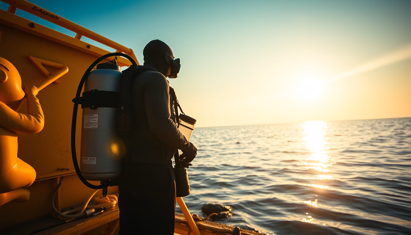 scuba tank yellow stand in editorial style