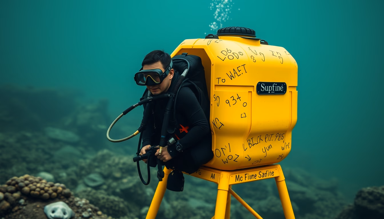 scuba tank yellow stand in editorial style