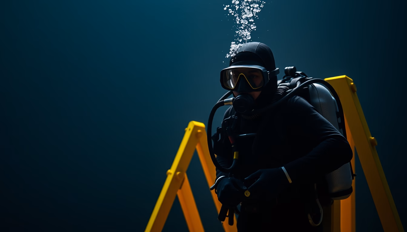 scuba tank yellow stand in editorial style