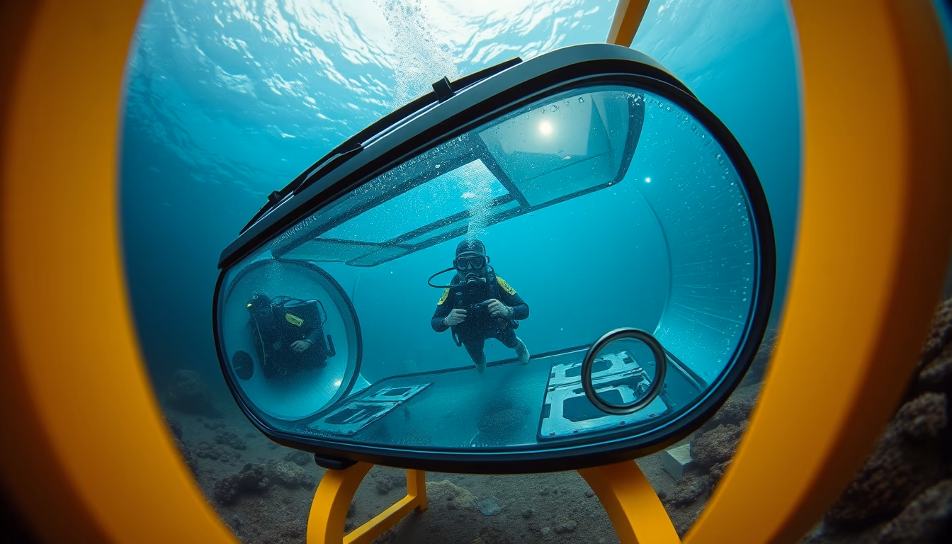 scuba tank yellow stand in editorial style